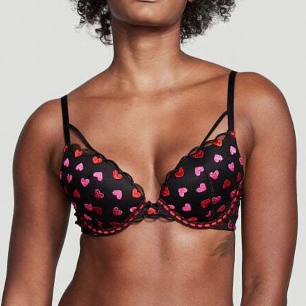 Victorias Secret black red pink embroidery heart print dream angels push-up bra - Picture 2 of 7